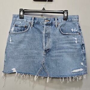 Agolde Micro Mini Denim Jean Skirt Size 31 Retro Y2K Button Fly Distress Raw Hem